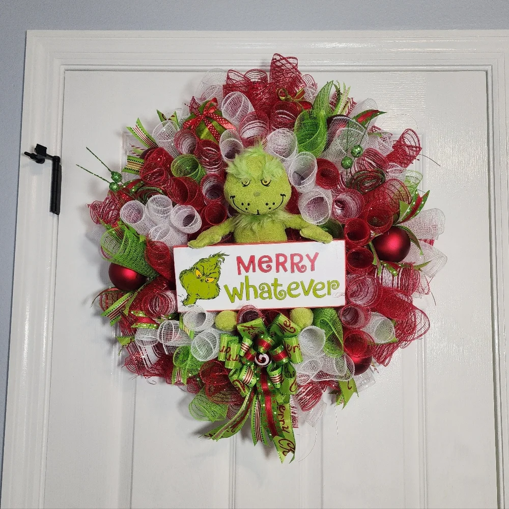 Festive GRINCH Holiday Christmas Wreath - Red, Green, White